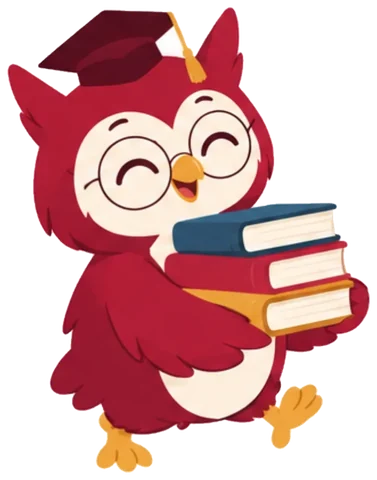 Maskot burung hantu membawa tumpukan buku
