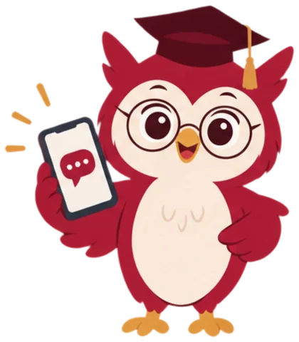 Maskot burung hantu memegang ponsel berisi chat
