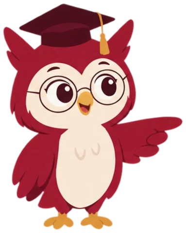 Maskot burung hantu menunjuk ke samping